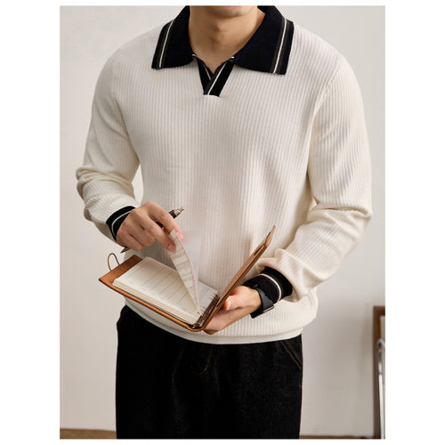 Herren Feinstrick-Polo mit V-Ausschnitt, gerippter Struktur und kontrastierenden Bündchen Shop Nory