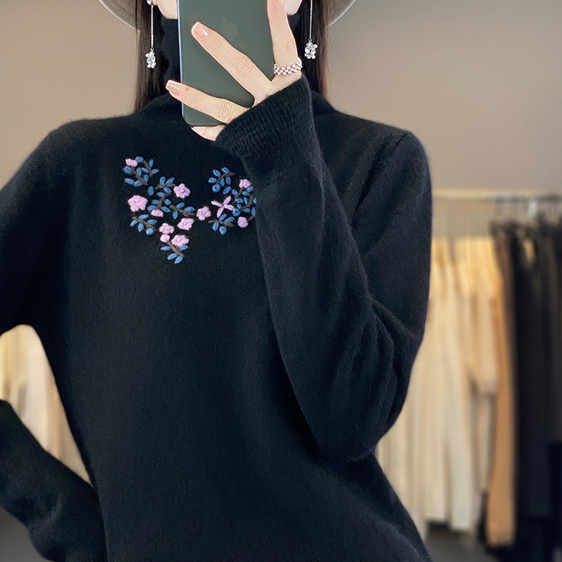 Damen Kaschmir‑Optik Rollkragenpullover mit zarter Blumenstickerei am Brustbereich Shop Nory