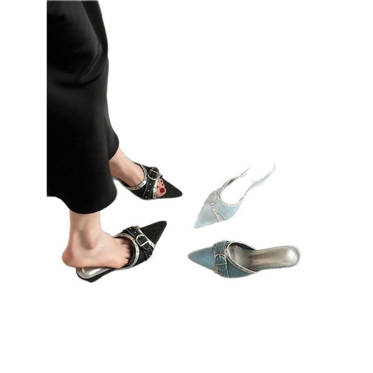 Damen Spitz zulaufende Schlupf‑Mules mit doppeltem Schnallenriemen und metallischer Einfassung Shop Nory