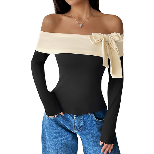 Damen Schulterfreies Langarm-Top mit weitem Umschlagkragen und Zierschleife Shop Nory