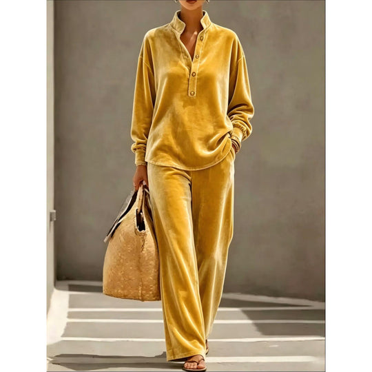 Damen Velours-Loungewear-Set mit Stehkragen-Henleytop und weiter Palazzohose Shop Nory