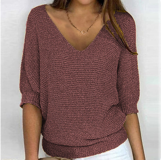 Damen nan lässiger Strickpullover mit V-Ausschnitt und Fledermausärmeln Shop Nory