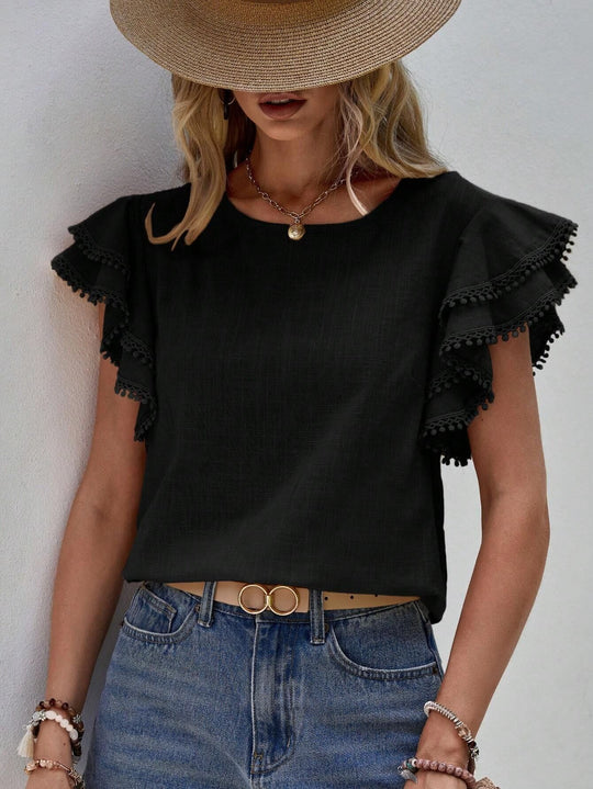 Damen Bluse mit Volantärmeln und Pompon-Spitzenbesatz Shop Nory