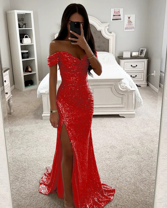 Damen Glitzerndes Off-Shoulder Abendkleid mit seitlichem Schlitz