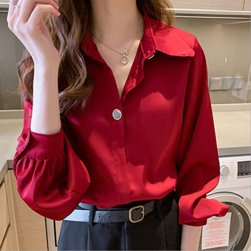 Damen Elegante Seidenoptik Hemdbluse mit übergroßem Kragen und Ballonärmeln Shop Nory