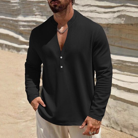 Herren Leichtes Leinen-Henley mit Stehkragen und 2-Knopf-Blende Shop Nory