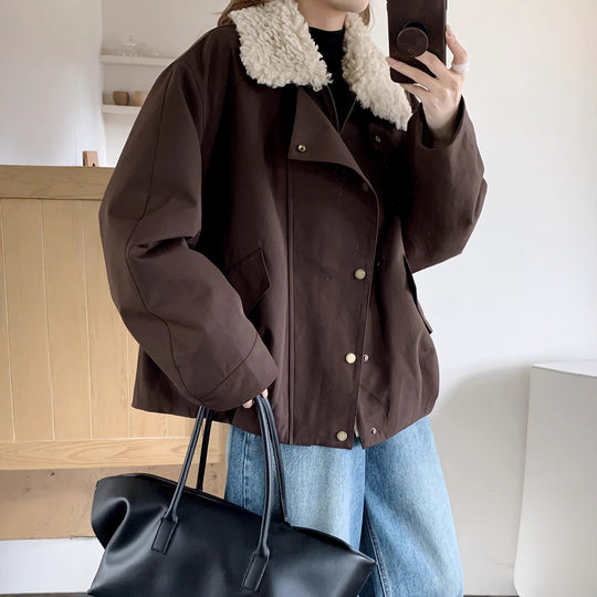 Damen Oversize-Utilityjacke mit hohem Teddykragen und Druckknopfleiste Shop Nory