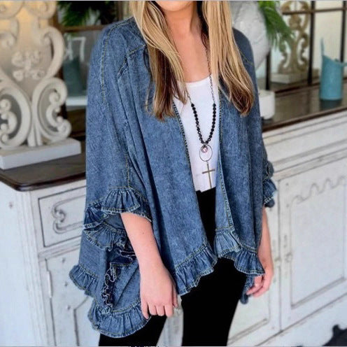 Damen Oversize-Jeans-Kimono mit Volantkante und offenem Fall Shop Nory