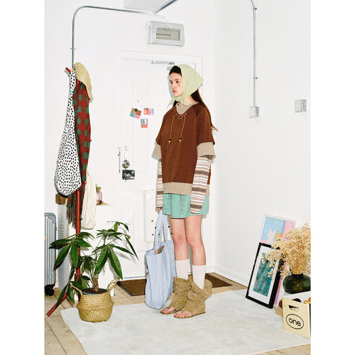 Damen Lagenlook-Sweatshirt mit Schnürung, gestreiften Ärmel-Einsätzen und asymmetrischem Saum Shop Nory