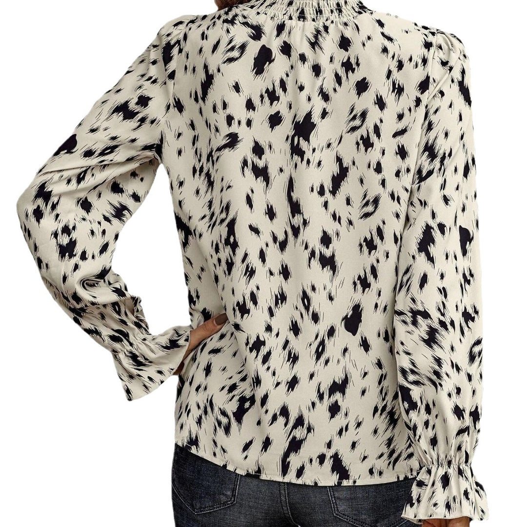 Damen Langarm-Chiffonbluse mit gerafftem Stehkragen und Fleckenmuster Shop Nory