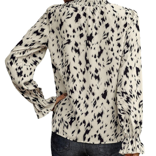 Damen Langarm-Chiffonbluse mit gerafftem Stehkragen und Fleckenmuster Shop Nory