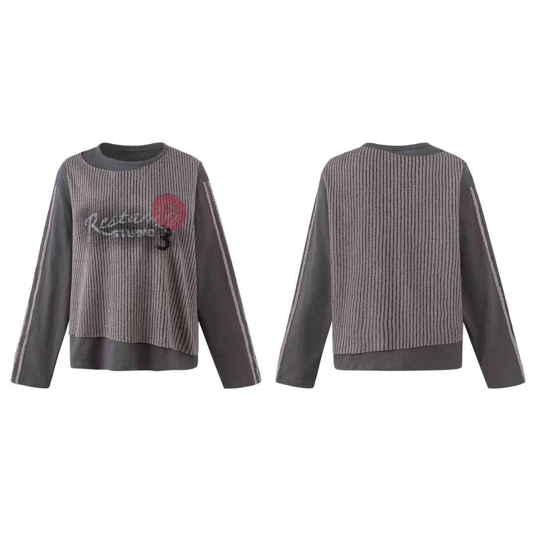 Damen Lässiges Sweatshirt mit gestreiftem Overlay, Ziernähten und Rosenprint Shop Nory