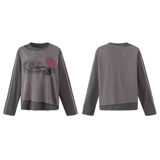 Damen Lässiges Sweatshirt mit gestreiftem Overlay, Ziernähten und Rosenprint Shop Nory