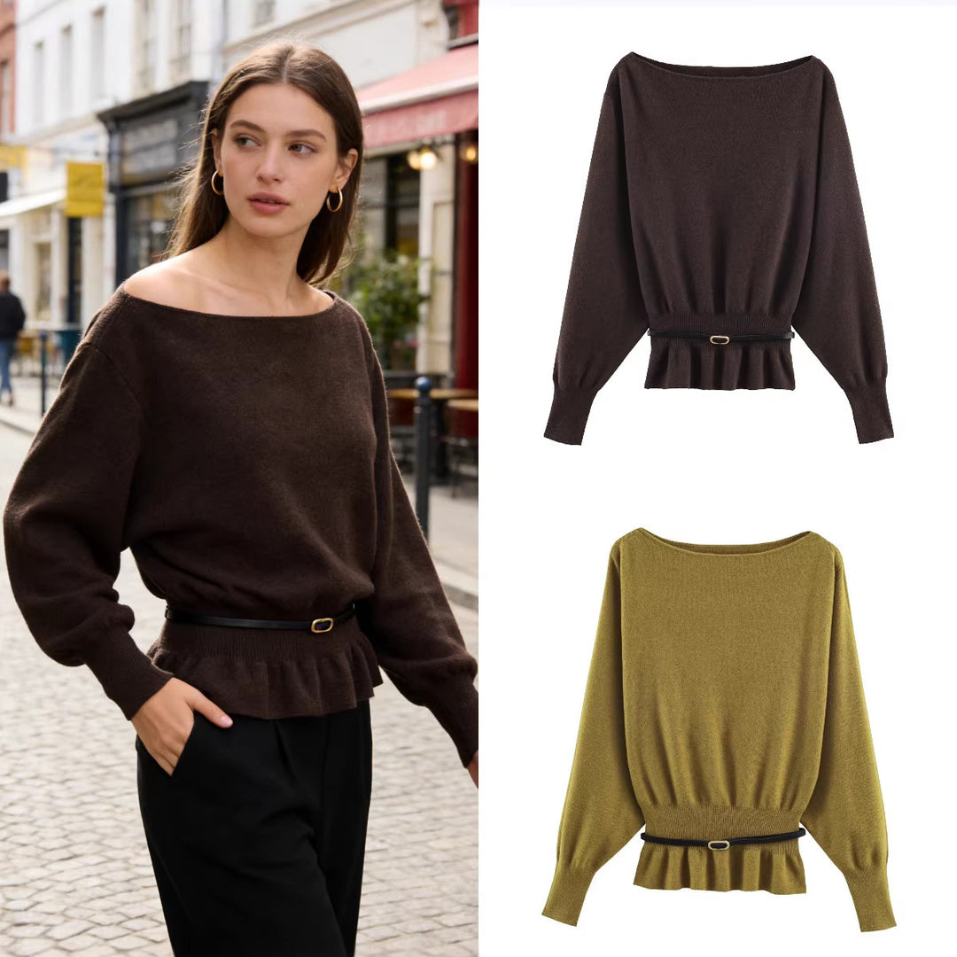 Damen Oversize-Strickpullover mit U-Boot-Ausschnitt, Fledermausärmeln, gerafftem Rippbund und Taillengürtel Shop Nory