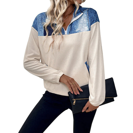 Damen Relaxed-Fit Cordstruktur-Halbzip-Pullover mit Jeans‑Optik‑Einsätzen Shop Nory