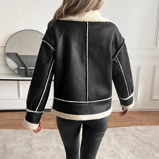 Damen Modische Kunstlederjacke mit Teddyfutter