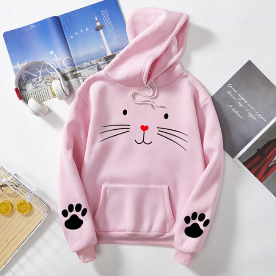 Damen nan Kapuzenpullover mit gedrucktem Katzenmotiv, Kängurutasche und Pfotenapplikationen Shop Nory