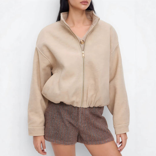 Damen Kurz geschnittene Wildleder‑Optik Bomberjacke mit Stehkragen und elastischem Saum Shop Nory