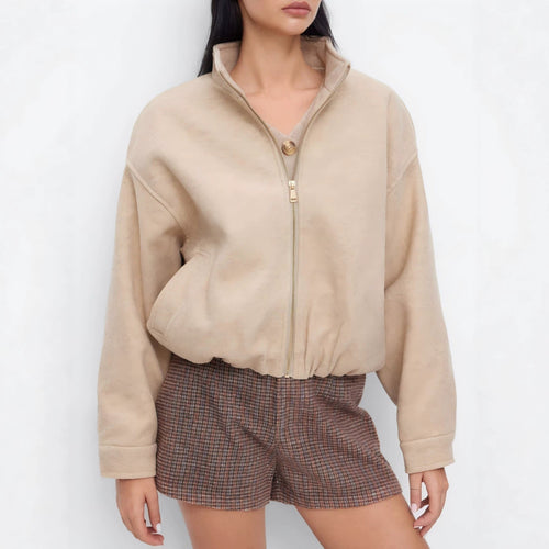 Damen Kurz geschnittene Wildleder‑Optik Bomberjacke mit Stehkragen und elastischem Saum Shop Nory