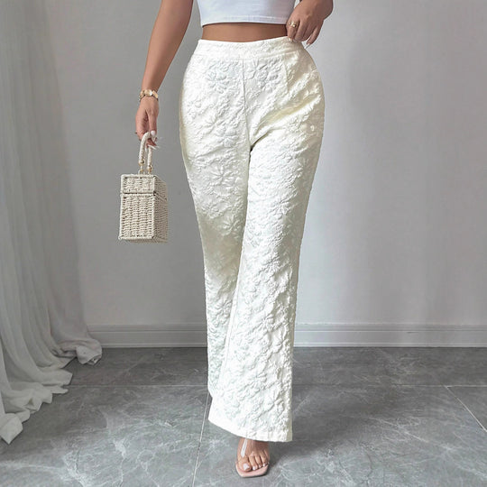 Damen hochgeschnittene Jacquard-Hose mit floralem Stickmuster, weitem Beinschnitt und Eingrifftaschen Shop Nory