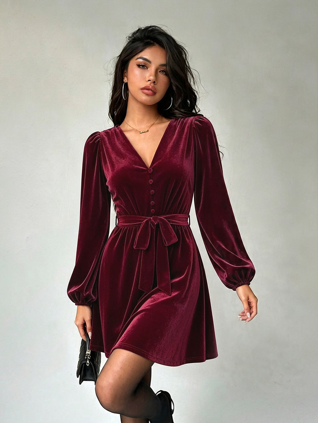 Damen elegantes Samt-Minikleid mit V-Ausschnitt Knopfleiste Ballonärmeln und Taillengürtel Shop Nory