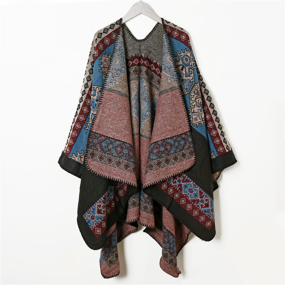 Damen Wollmix-Jacquard-Capeponcho im Ethno-Look mit dekorativer Ziernaht Shop Nory