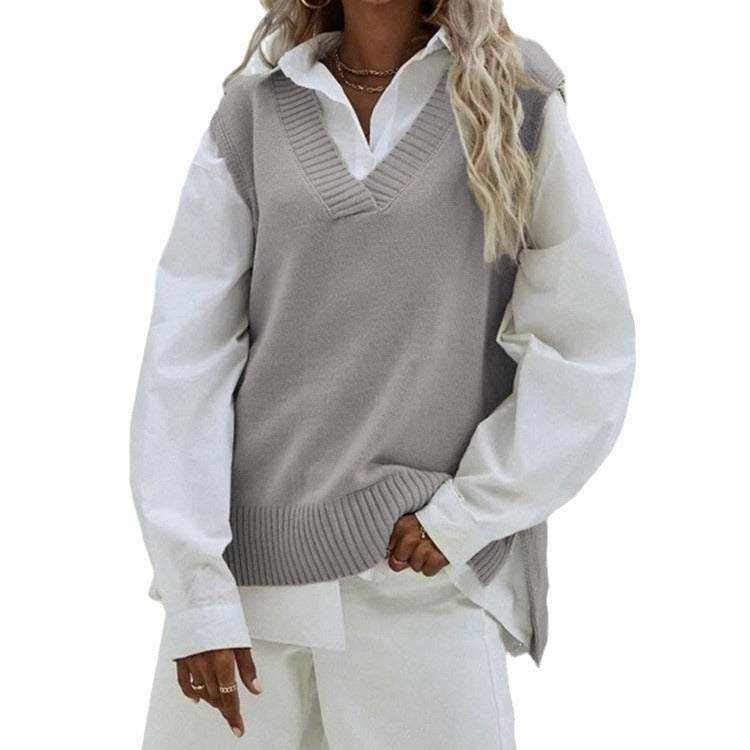 Damen Ärmellose Strickweste mit V-Ausschnitt und seitlichen Schlitzen Shop Nory
