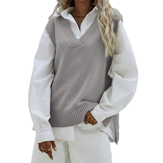 Damen Ärmellose Strickweste mit V-Ausschnitt und seitlichen Schlitzen Shop Nory