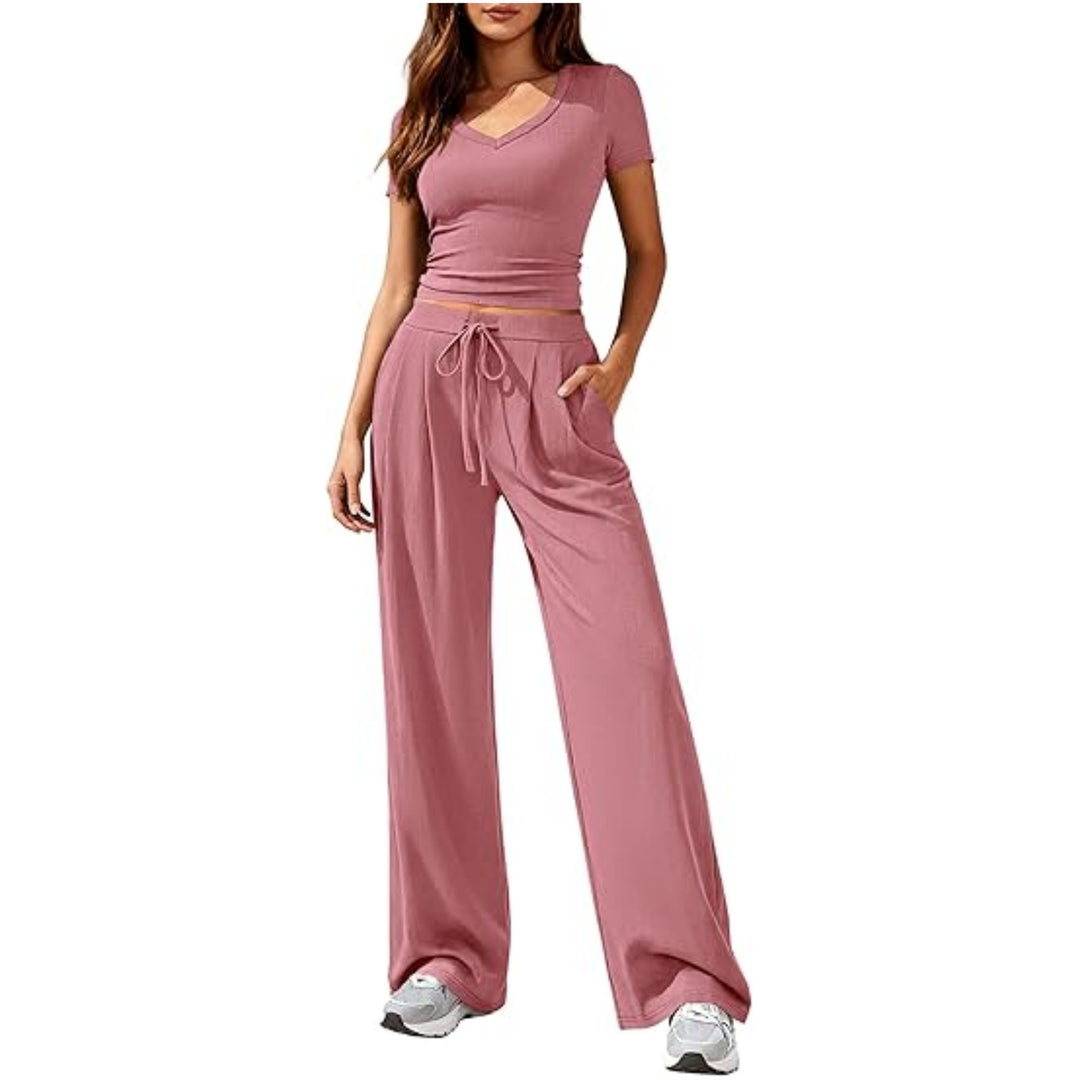 Damen Lässiges Lounge-Set mit tailliertem V-Ausschnitt bauchfreiem Top und weitem Kordelbund-Hose Shop Nory