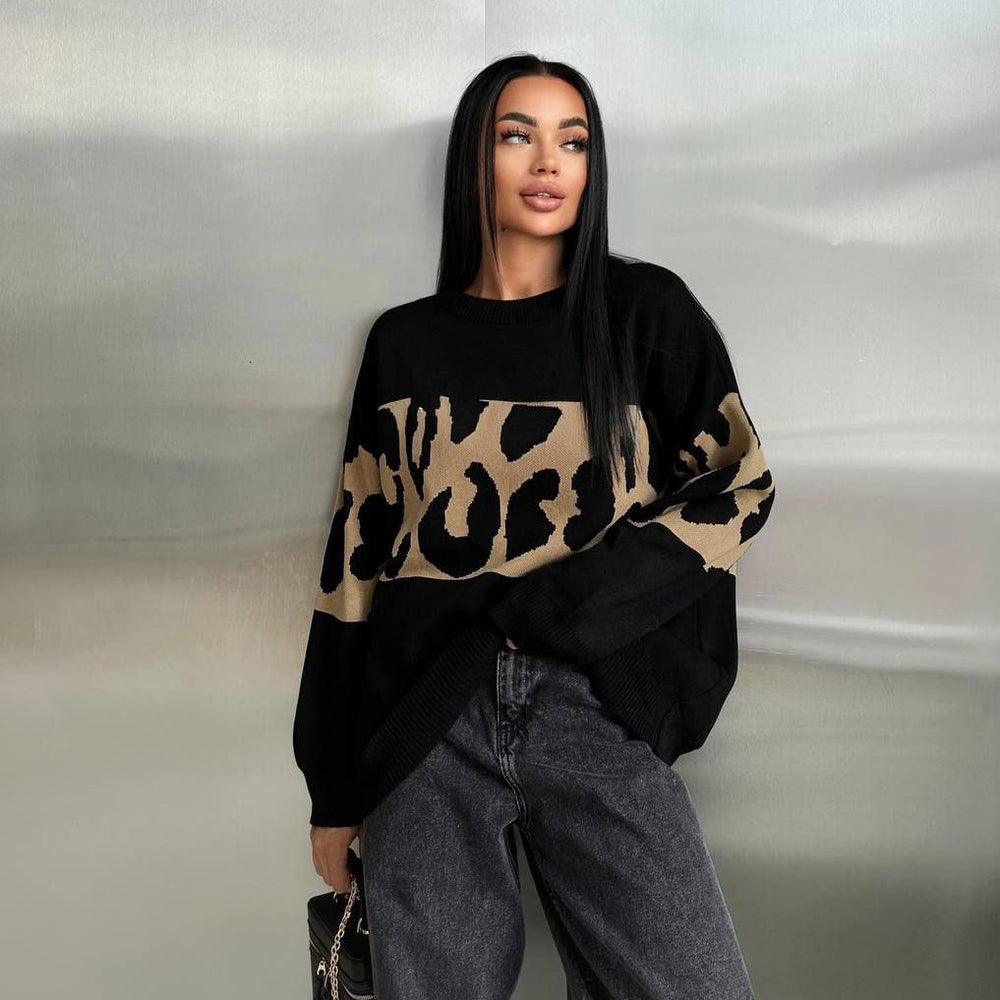 Damen Oversized Strickpullover mit Leoparden-Bahnen, überschnittener Schulter und geripptem Saum Shop Nory