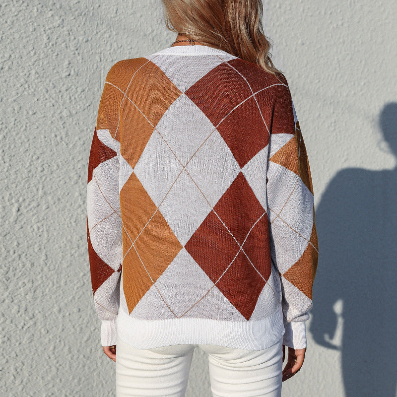 Damen Leichter Argyle-Feinstrickpullover mit Rundhalsausschnitt und lockerer Passform Shop Nory