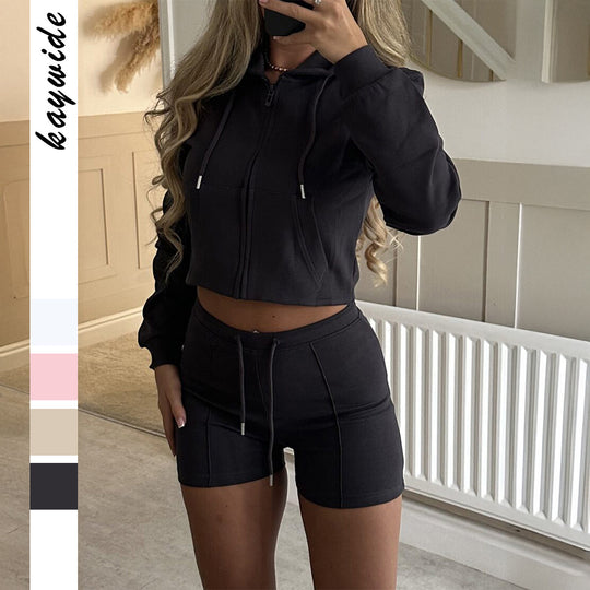 Damen nan lässiges Sweatshirt- und Short-Set mit dekorativen Schleifen-Applikationen, hohem Rundhalsausschnitt und Tunnelzugbund Shop Nory