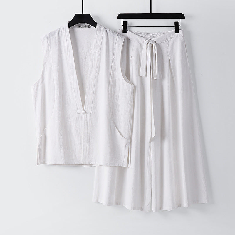 Damen Ärmelloses Kimono-Loungewear-Set aus leichtem Viskose-Leinen mit Bindeweste und weiten Palazzo-Hose Shop Nory