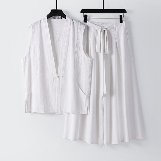Damen Ärmelloses Kimono-Loungewear-Set aus leichtem Viskose-Leinen mit Bindeweste und weiten Palazzo-Hose Shop Nory