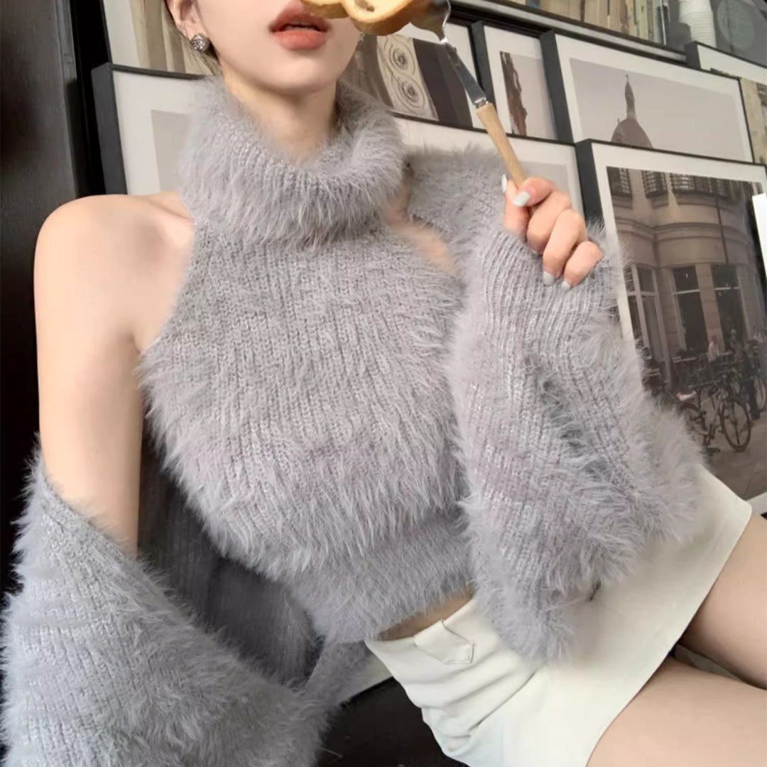 Damen Flauschiger Cropped Pullover mit Stehkragen und Oversize-Ärmeln Shop Nory