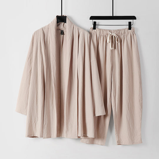 Unisex Lockeres Kimono-Lounge-Set aus leichter Baumwollmischung mit Schalkragen und Kordelbundhose Shop Nory