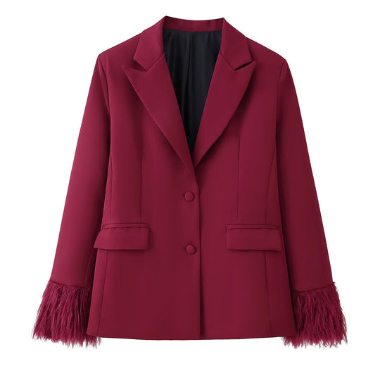 Damen Zweiteiliges Anzugset mit Federbesatz an Ärmeln und weiter Marlenehose Shop Nory