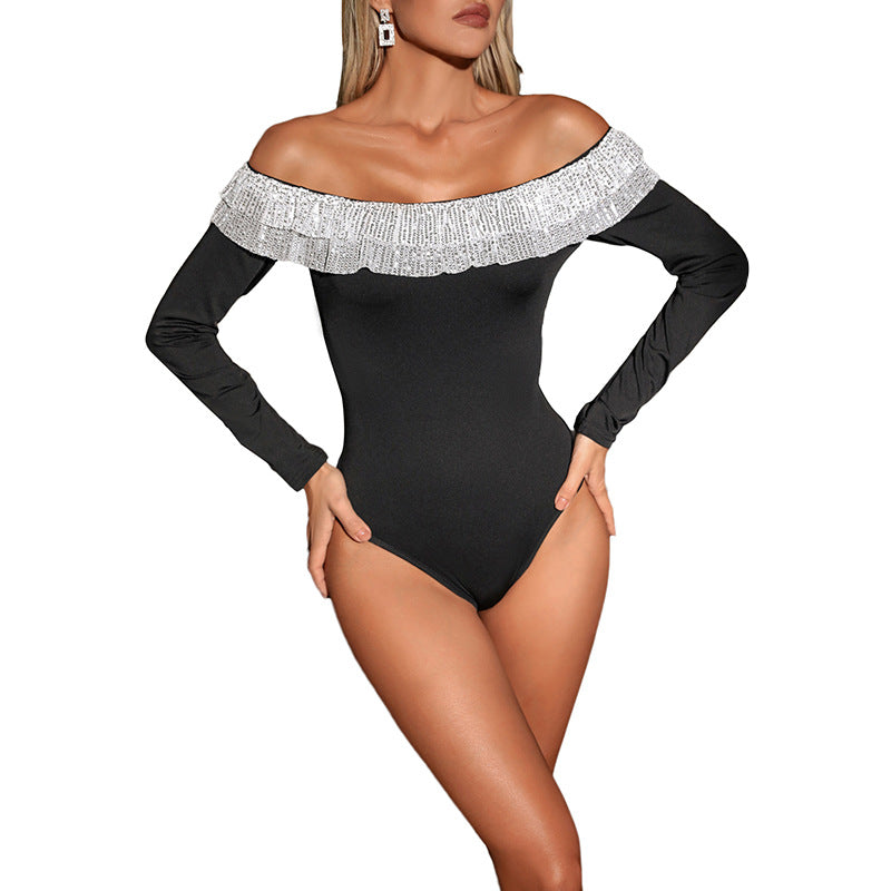 Damen Schulterfreier Body mit langen Ärmeln und glitzernder Volant‑Rüsche Shop Nory
