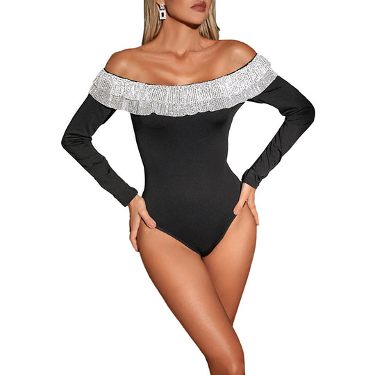 Damen Schulterfreier Body mit langen Ärmeln und glitzernder Volant‑Rüsche Shop Nory