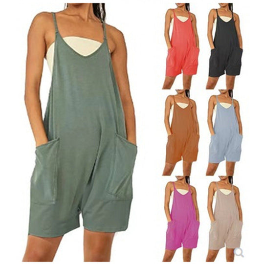 Damen Lässiger Jumpsuit mit tiefem Ausschnitt und praktischen Taschen