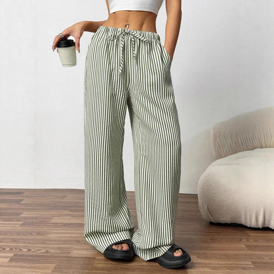 Damen Weite Highwaist-Hose mit Tunnelzug Streifen-Leinenoptik und Eingrifftaschen Shop Nory