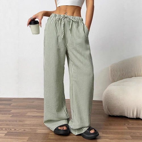 Damen Weite Highwaist-Hose mit Tunnelzug Streifen-Leinenoptik und Eingrifftaschen Shop Nory