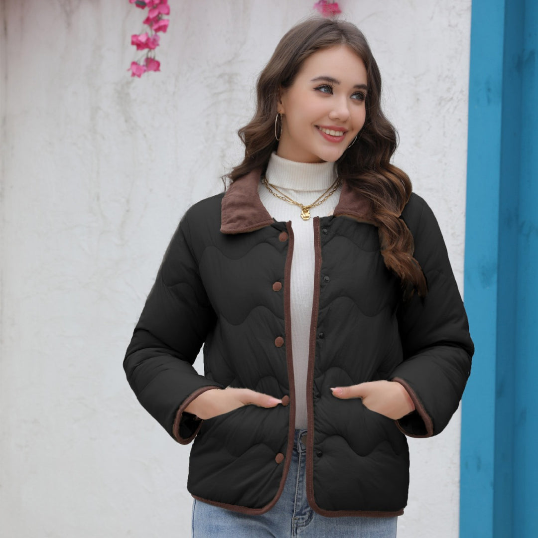 Damen Gequiltete Steppjacke mit Samtkragen und geschwungener Wellensteppung Shop Nory