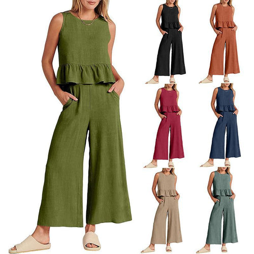 Damen Zweiteiler-Set mit schickem Peplum-Oberteil und weit geschnittenen Hosen
