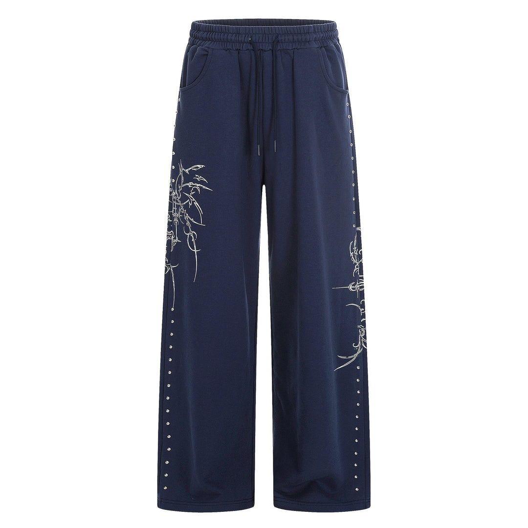 Damen Weite Sweatpants mit Tunnelzug, Ziernieten und grafischem Print Shop Nory