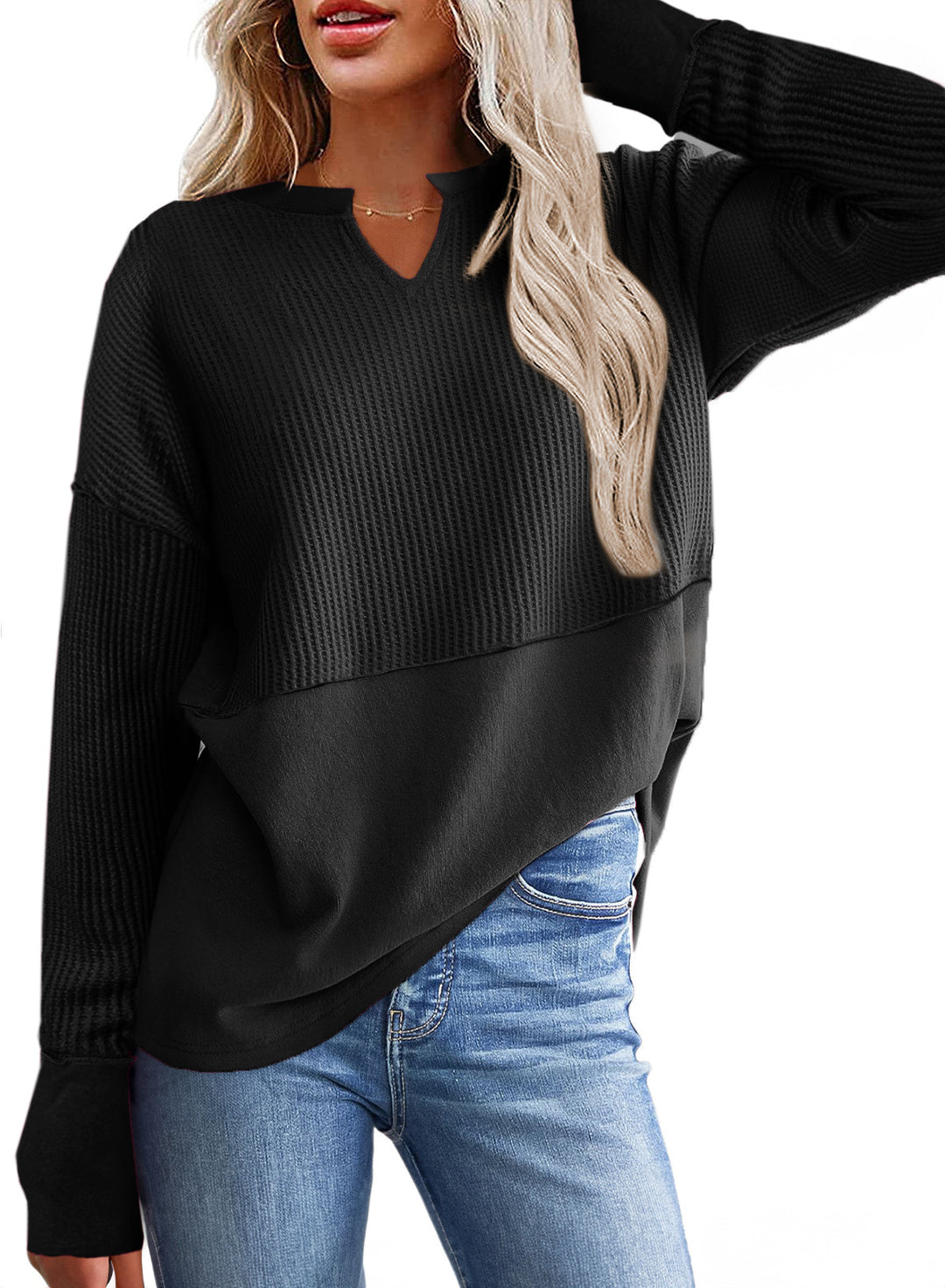 Damen Oversize-Pullover mit Waffle-Struktur, V-Notch und überschnittener Schulter Shop Nory