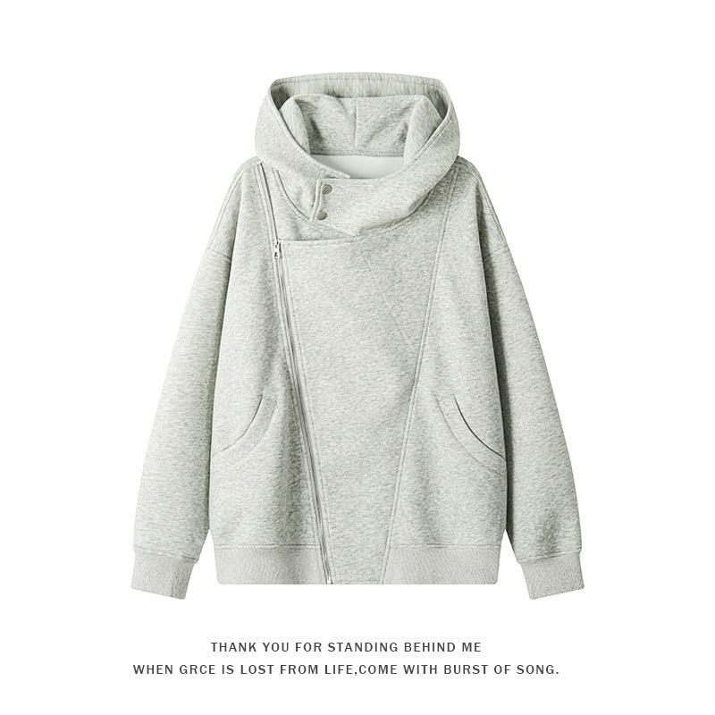 Damen asymmetrischer Kapuzenpullover mit hohem Kragen, diagonalem Reißverschluss und Kängurutaschen Shop Nory