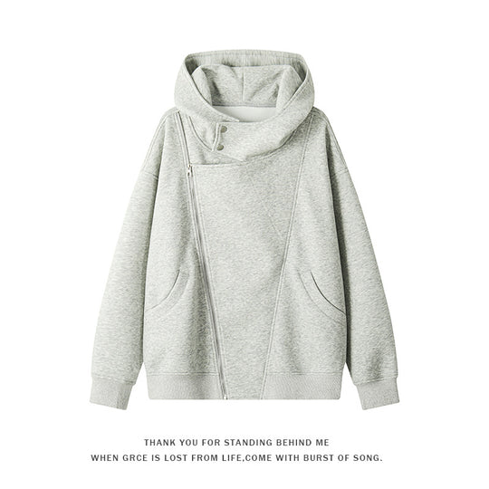 Damen asymmetrischer Kapuzenpullover mit hohem Kragen, diagonalem Reißverschluss und Kängurutaschen Shop Nory