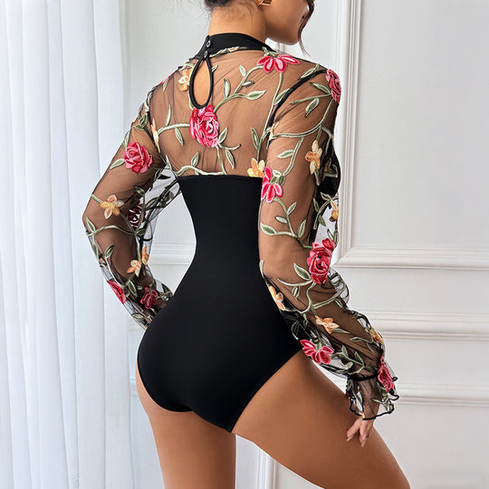Damen Transparenter Mesh-Body mit floraler Stickerei, Herz-Bustier-Einsatz und Stehkragen Shop Nory