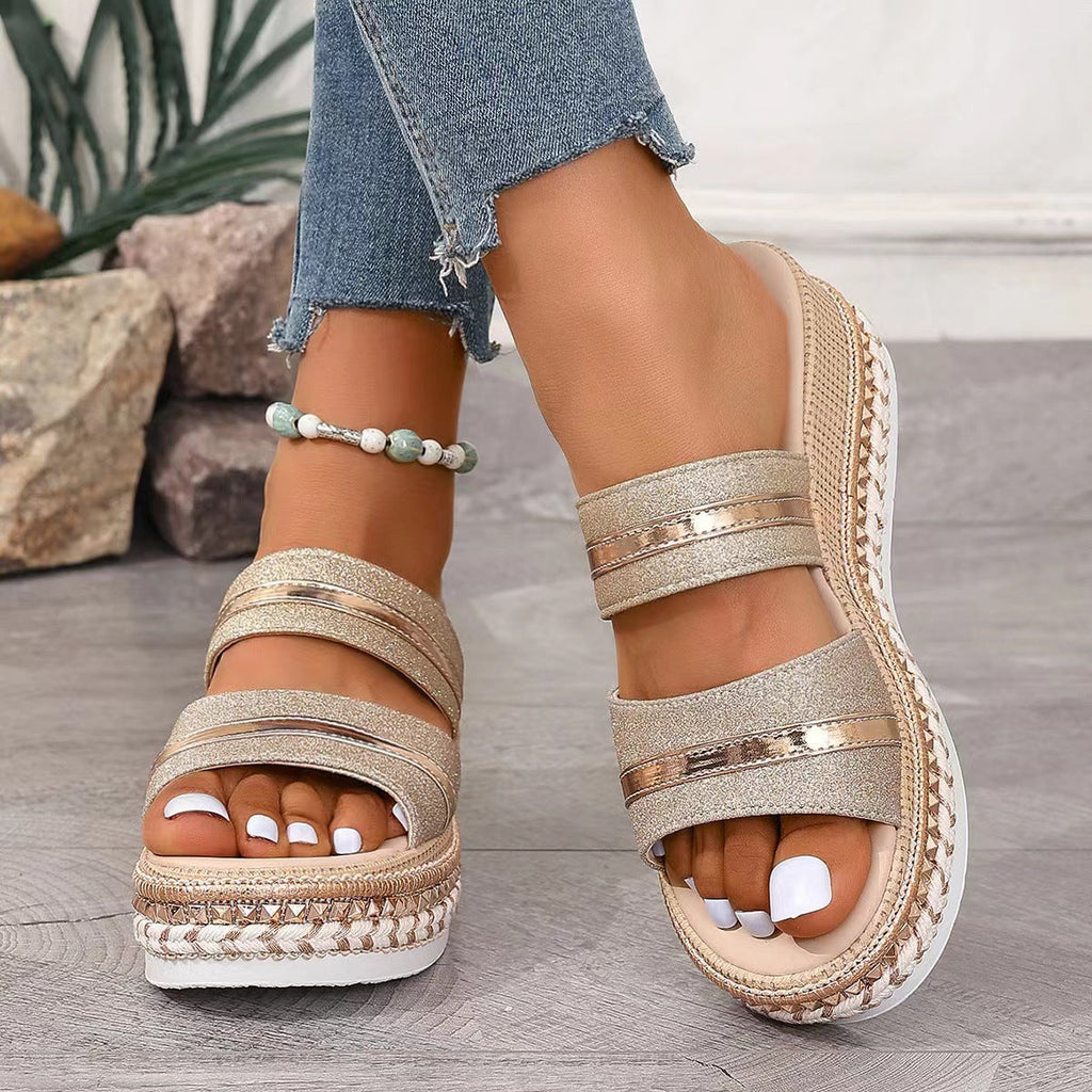 Damen Wedge-Sandaletten mit modischem Glitzer-Riemen und ergonomischem Fußbett Shopnory